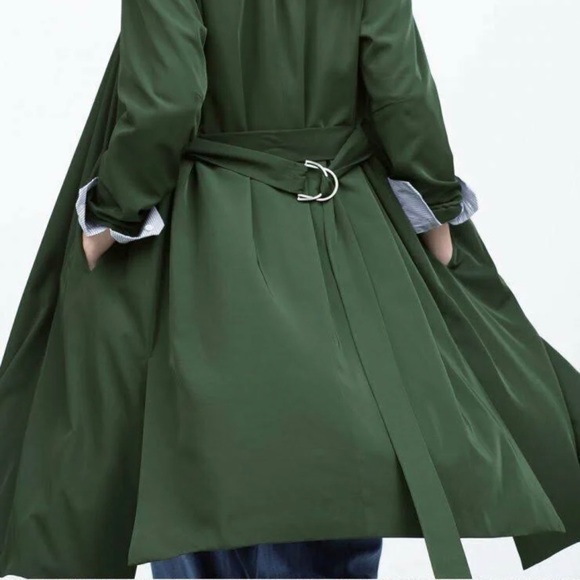 ZARA Basic Silky Flowing Trench Coat~Dark Green ~ Blue Stripped Lining - Size XS - Picture 3 of 12